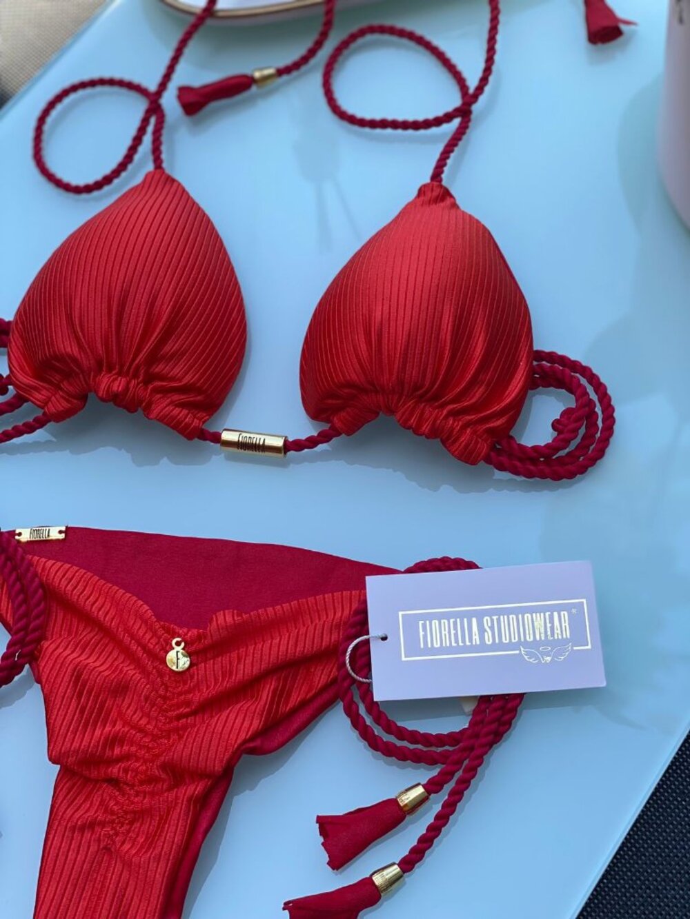 Red Textured Brazilian Triangle Bikini Set